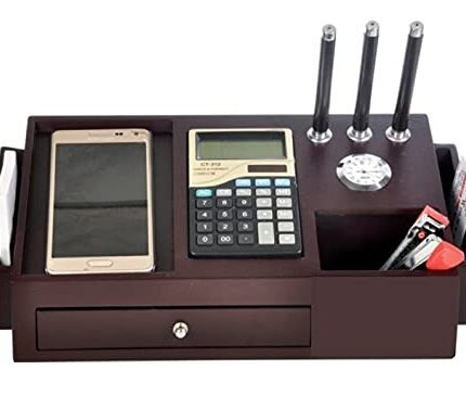 Woodhouse All in One Multi Storage Wooden Desk Organizer for Office Table, Wooden Pen Stand for Office Table with Clock, Calculator, Mobile Holder for Office Table & Student Study Table, Office Stand