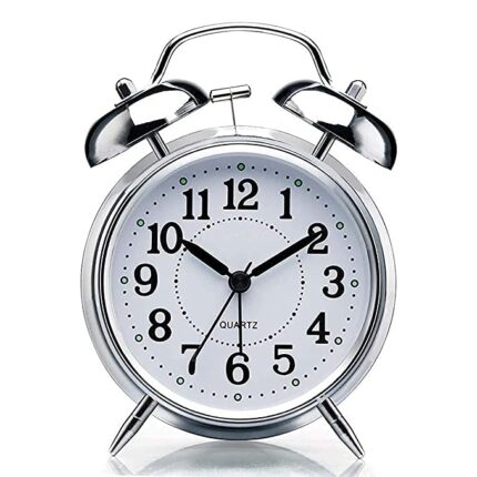 Sendrose Alarm Clock Brass Vintage Twin Bell Table Top Alarm Clock with Night Led Light Display Alarm Clock for Bedroom Heavy Sleepers Kids and Students (Silver)