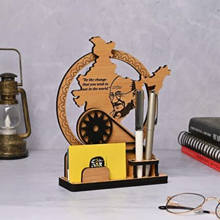 GKD Mahatma Gandhi Ji wooden Momento Table top Desk Organizer with Pen Stand and Visiting Card Holder Gandhiji photo motivational gift (Made in India)