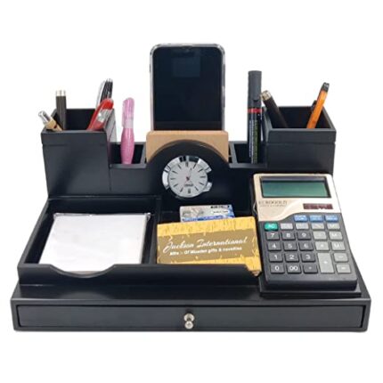 Woodhouse Wooden Desk Organizer for Office Table, Pencil/Pen Stand with Clock, Calculator, Drawer, Notepad, Coaster Plates, Mobile Holder for Office Table, Pen Stand for Office Table & Students Desk