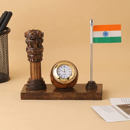 RDK Wooden Handmade Ashok Stamb Pillar with Clock and Flag Stand Decorative Showpiece Gift Items for Tabletop and Office Desk Organisers (Black)