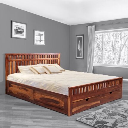 Beatrice King Size Bed with Drawer Storage in Honey Finish