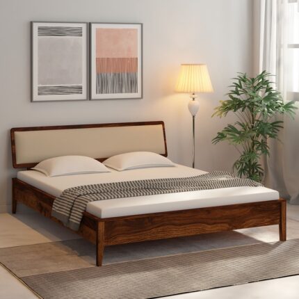 Flair Solid Wood Queen Size Bed With Upholstered Headboard In Provincial Teak Finish