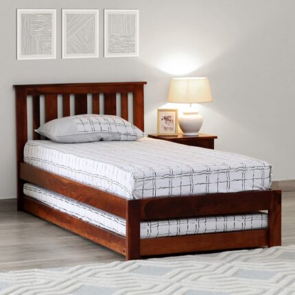 Freya Solid Wood Single Bed with Trundle in Honey Oak Finish