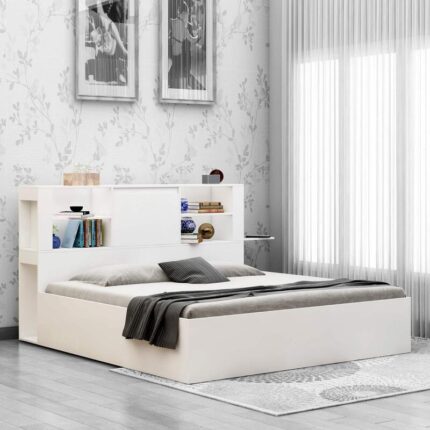 Magnus Queen Size Bed with Box Storage & Charger in Mist White Color
