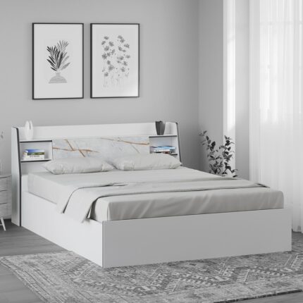 Marbito Queen Size Bed With Box & Headboard Storage in White Colour