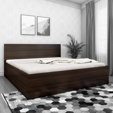 Rhino Queen Size Bed with Side Drawer Storage in Dark Wallnut Finish